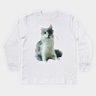 Fluffy Gray and White Cat Kids Long Sleeve T-Shirt